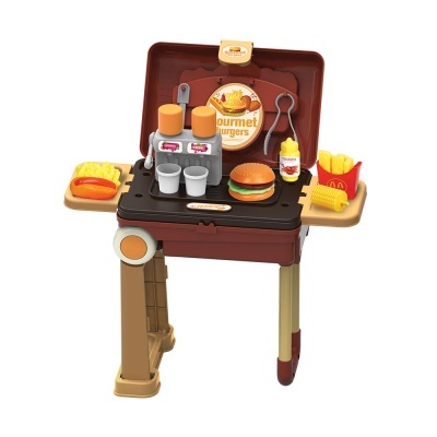 Mini churrasco de brinquedo com acessórios de hambúrguer, batatas e molhos
