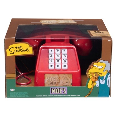 Telefone fixo vermelho com teclado numérico branco da Moe's Tavern em caixa The Simpsons