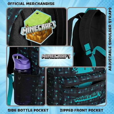 Mochila Minecraft com padrões pixelados azuis e verdes e logótipo oficial