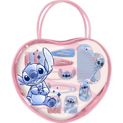 Conjunto de acessórios para cabelo com personagem Stitch em bolsa coração rosa