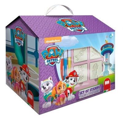 Pacote roxo em forma de casinha com personagens PAW PATROL e conjunto de carimbos