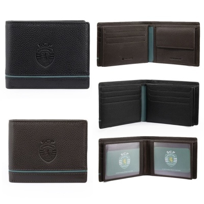 Carteiras de couro preta e castanha com brasão SCP e detalhes em azul