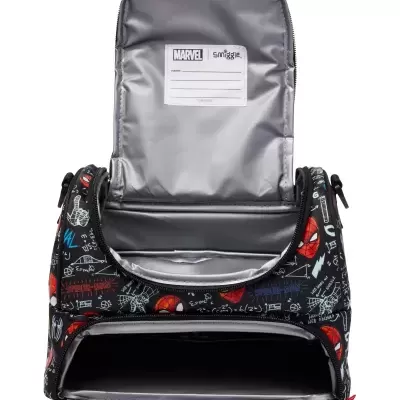 Mochila preta com padrão colorido do Homem-Aranha e interior cinza prateado aberto