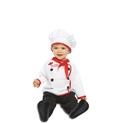 Bebé com fato de chef branco e preto com detalhes vermelhos e chapéu