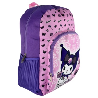 Mochila roxa e rosa com personagem animado e padrões de borboletas e rosas