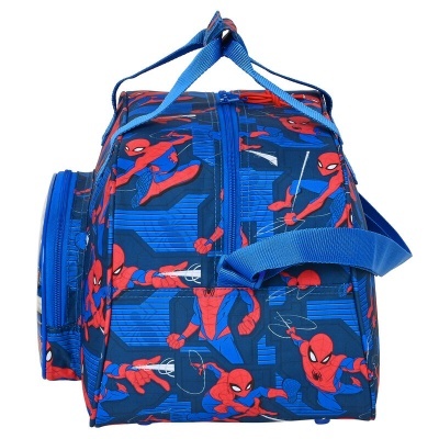 Mala azul com padrão Spider-Man e alças azuis