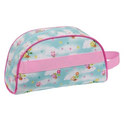 Estojo escolar azul claro com padrão floral e animais e pegador rosa