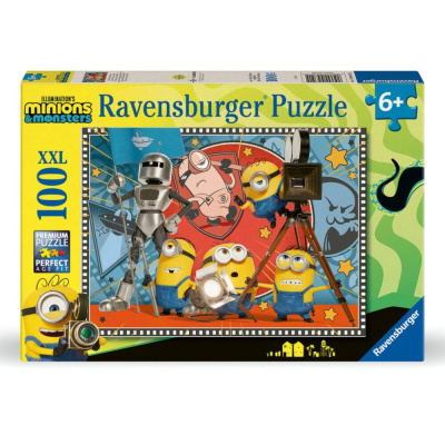 Caixa de puzzle Ravensburger com 100 peças XXL, imagem dos Minions e monstros, fundo vermelho e azul, e texto informativo.