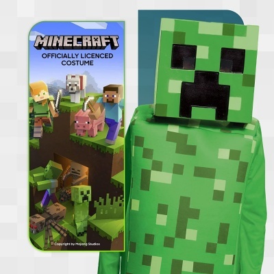 Fantasia de Minecraft Creeper verde pixelada com máscara e embalagem