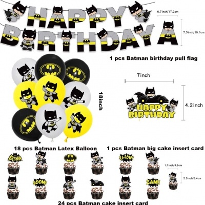 Decoração de aniversário Batman com bandeirola, balões e inserts para bolos coloridos em preto, amarelo e branco