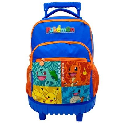 Mochila de rodinhas azul e laranja com personagens Pokémon e texto Pokémon