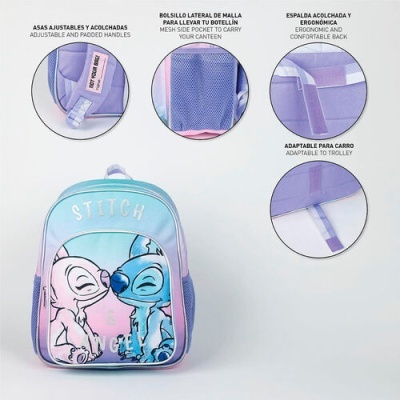 Mochila infantil azul e lilás com estampa de Stitch e características destacadas