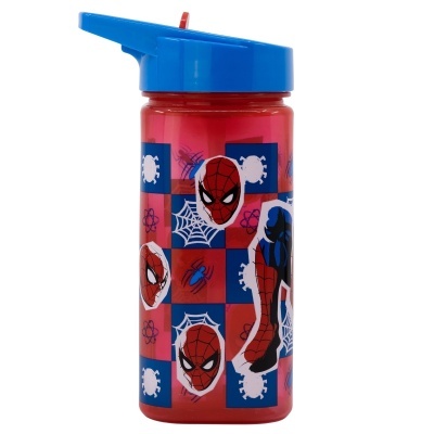 Garrafa vermelha com tampa azul e desenhos do Homem-Aranha