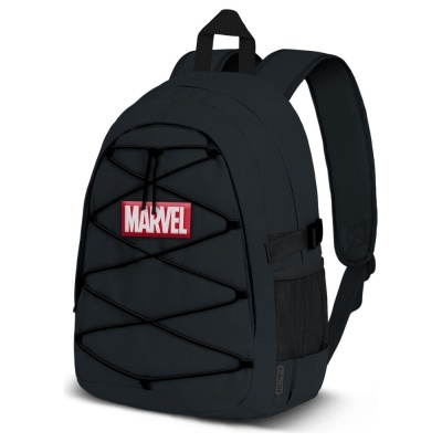 Mochila preta com logotipo MARVEL e cordões elásticos frontais