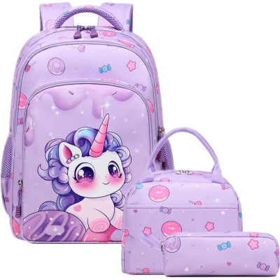 Mochila, lancheira e estojo lilás com unicórnio e desenhos coloridos