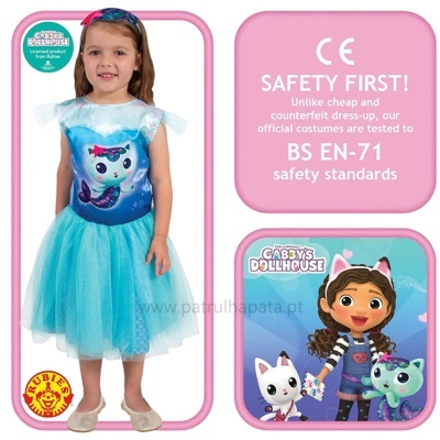 Menina com vestido azul claro e estampa de gato, certificação CE e personagens Gabby's Dollhouse