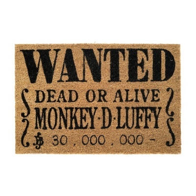 Tapete com texto 'WANTED DEAD OR ALIVE MONKEY D•LUFFY' em preto sobre fundo castanho claro