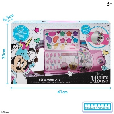 Conjunto maquilhagem Disney Minnie Mouse para crianças com estojo rosa e várias cores e acessórios.