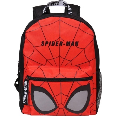 mochila vermelha e preta com padrão de teia e rosto estilizado do Spider-Man