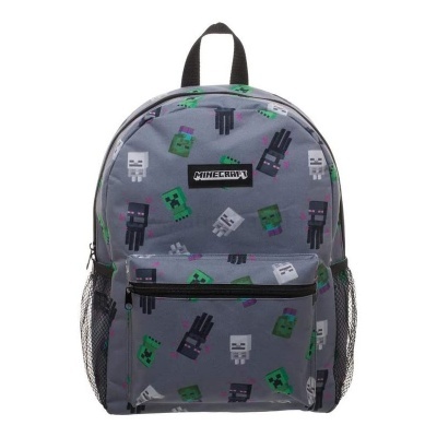 Mochila cinzenta com padrão Minecraft colorido e bolsos frontais e laterais em rede