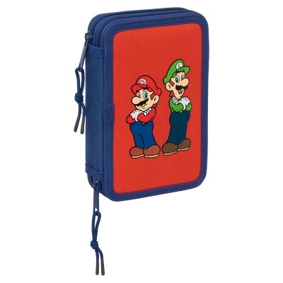 Estojo azul e vermelho com ilustração de Mario e Luigi