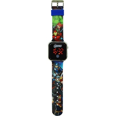 Relógio digital com bracelete colorida com personagens Marvel Avengers e visor quadrado