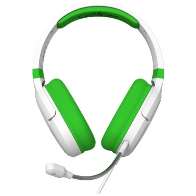 Headset verde e branco com microfone flexível