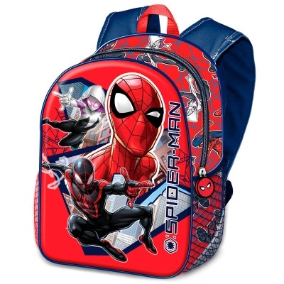 Mochila infantil Spider-Man vermelha e azul com imagens do personagem e teias de aranha