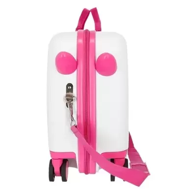 Mala de viagem rígida branca com detalhes cor-de-rosa vista de lado