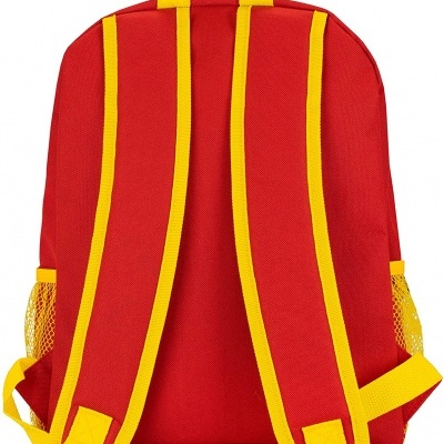 Mochila vermelha com alças amarelas e redes laterais.