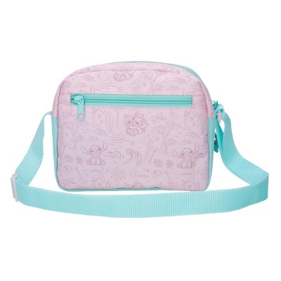 Bolsa de ombro cor-de-rosa e azul claro com padrão de desenhos subtis.
