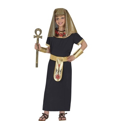 Fato infantil de faraó egípcio em tecido preto com acessórios dourados.