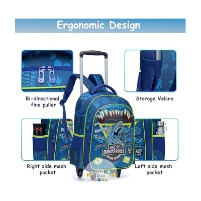 Mochila azul com dinossauros e cabos extensíveis