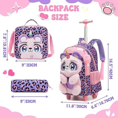 Mochila, lancheira e estojo rosa e roxo com padrão leopardo e unicórnio de pelúcia