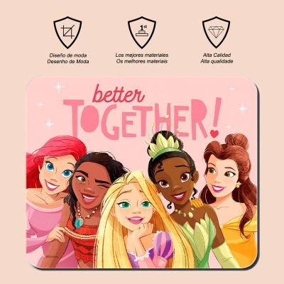 Personagens animadas femininas diversas com texto 'better TOGETHER!' e ícones de qualidade em fundo rosa