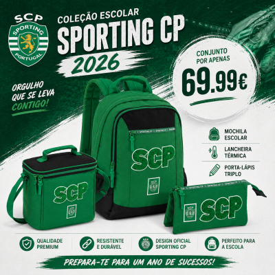 Conjunto escolar Sporting CP verde com mochila, lancheira e porta-lápis