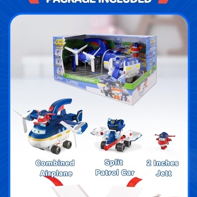 Brinquedos aviões e carro de patrulha em caixa com texto PACKAGE INCLUDED