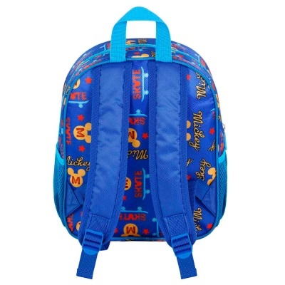 Mochila infantil azul com estampas coloridas, vista traseira com alças