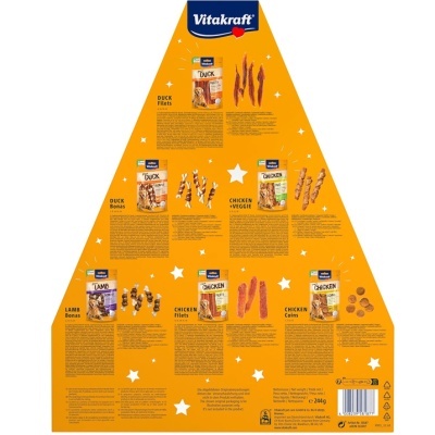 Embala triangular amarela Vitakraft com múltiplos snacks para cães e texto descritivo