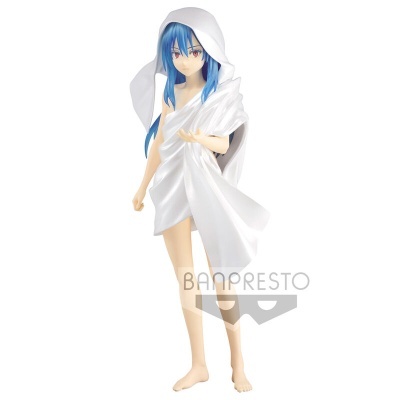 Figura colecionável de personagem anime com tecido branco e cabelo azul