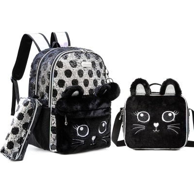 Conjunto mochila, estojo e mala ombro com padrão preto e branco e rosto de gato aveludado