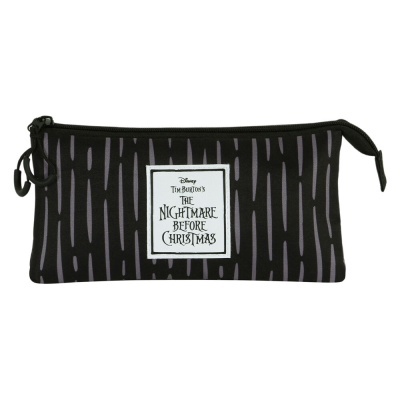 Estojo escolar preto com padrão cinzento e etiqueta branca com texto Disney The Nightmare Before Christmas