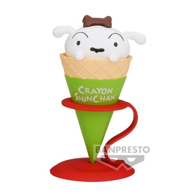Figura de gelado com personagem branco e castanho, cone verde com texto CRAYON SHINCHAN, base vermelha.