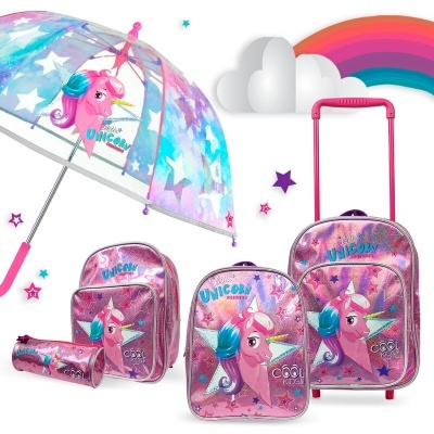 Conjunto infantil de mochila, saco de carrinho, estojo e guarda-chuva com tema de unicórnio cor-de-rosa e roxo