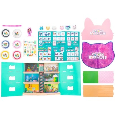 Conjunto de casinha de bonecas em madeira com acessórios e peças coloridas