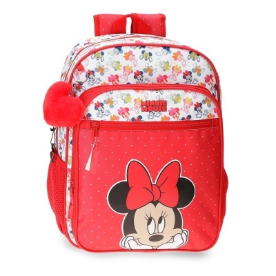 Mochila vermelha e branca com padrão floral e desenho da Minnie Mouse