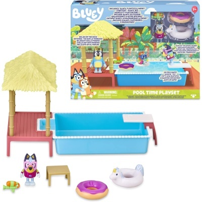 Conjunto 'Bluey Pool Time Playset' com piscina, figura, boias e estrutura com teto de palha
