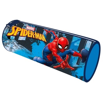 Estojo tubular azul com estampa do Spider-Man e texto MARVEL SPIDER-MAN
