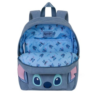 Mochila cinzenta do personagem Stitch com orelhas cor-de-rosa e interior azul claro estampado