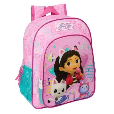 Mochila infantil cor-de-rosa com personagem animada e bolsos laterais em rede azul